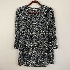 Soft Surroundings Black and Yellow Print 3/4 Sleeves‎ V Neck Jersey Top Size XL